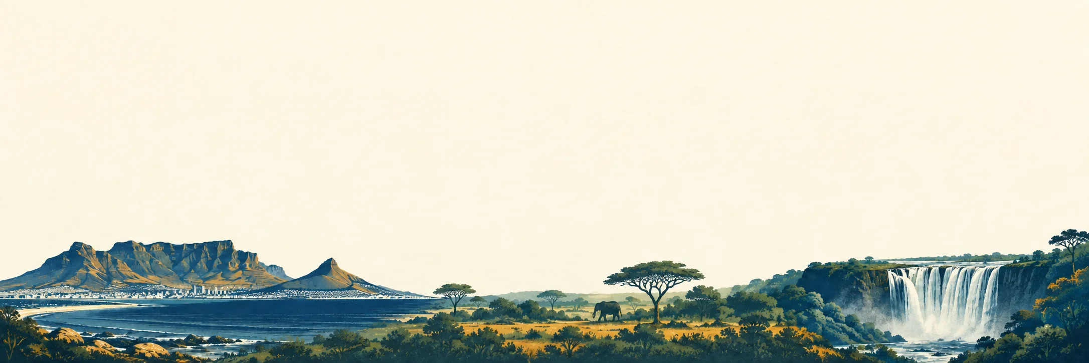 Travel-poster illustration combining Table Mountain, safari landscapes and Victoria Falls